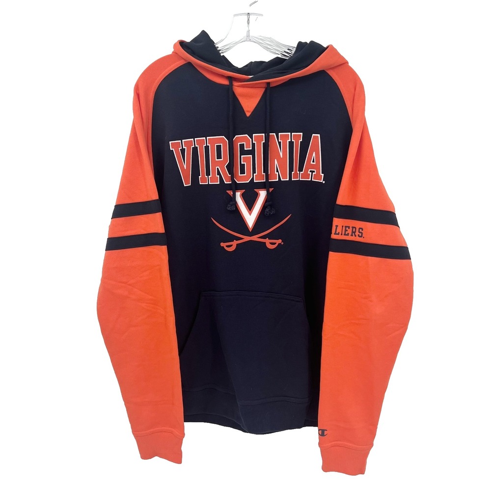 CHAMPION Adult L Navy/Orange VIRGINIA CAVALIERS Fleece Hooded Sweatshirt Hoodie